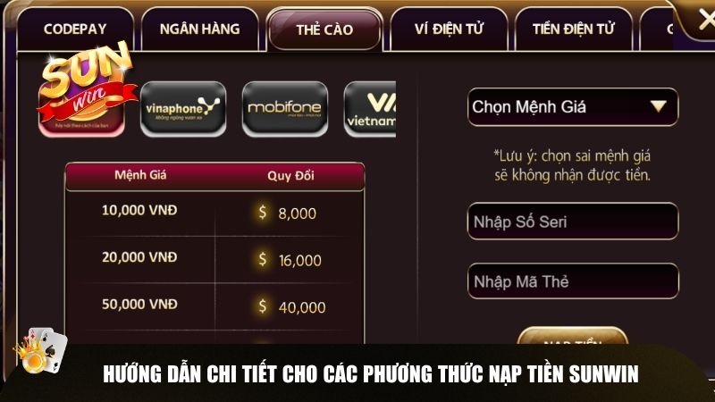 Hướng dẫn chi tiết cho các phương thức nạp tiền Sunwin